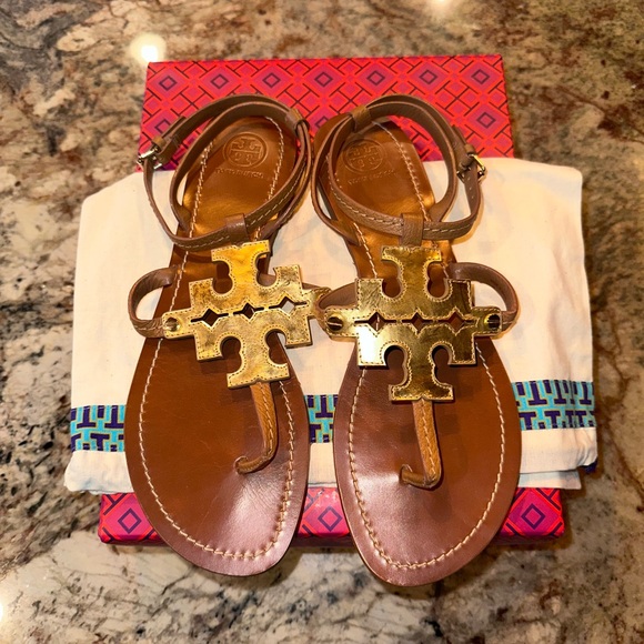 Tory Burch Royal Tan Gold Chandler Flat Sandal Leather - Size 10 - Picture 4 of 6
